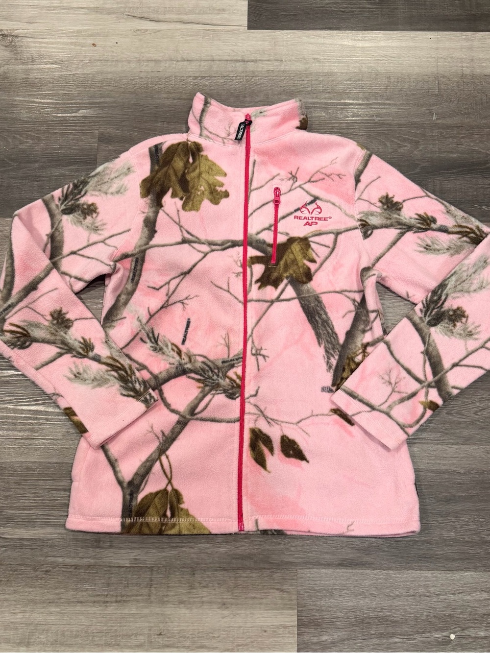 Realtree Women's Pink Camo Fleece Full Zip Jacket Pockets Hunting Outdoors Sz M
